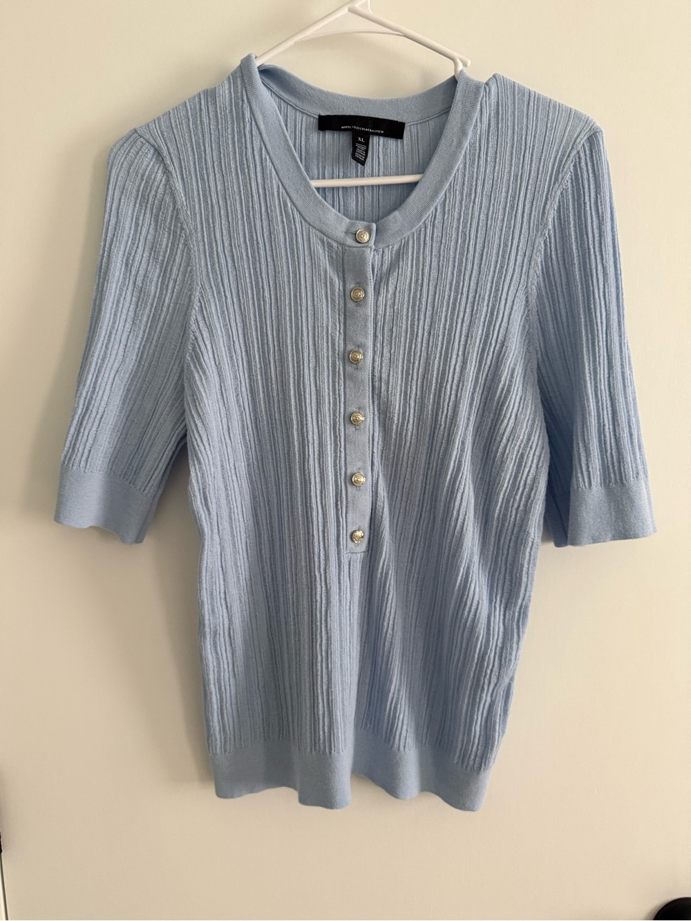 White House Black Market Light Blue Ribbed Button-Front Short Sleeve Top